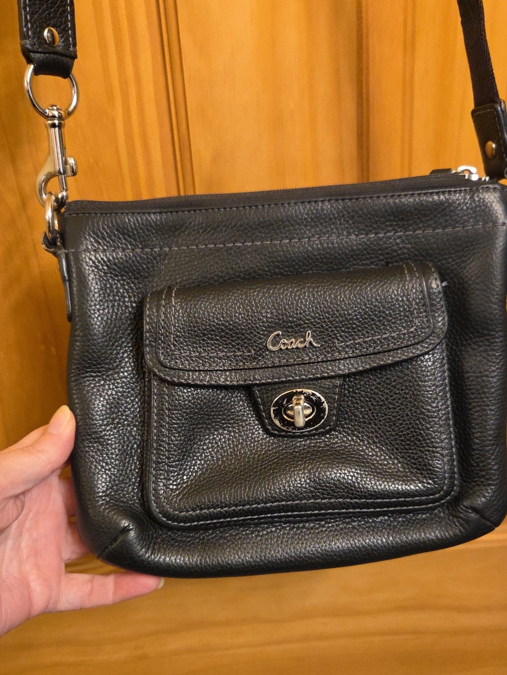 Coach Penelope Slim Black Pebbled Leather Turn-Lock Crossbody Swingpack